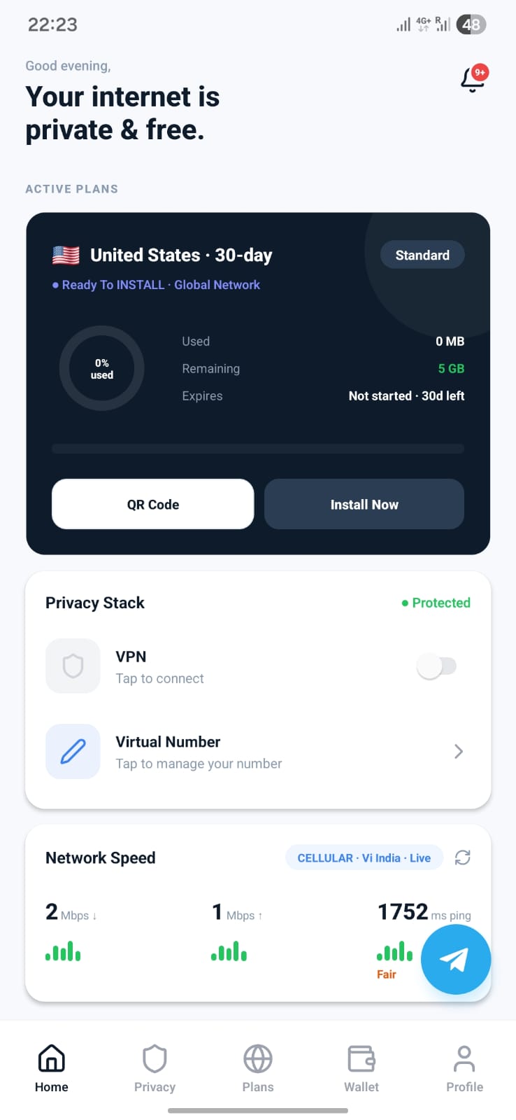 GeSIM app home — your internet is private & free