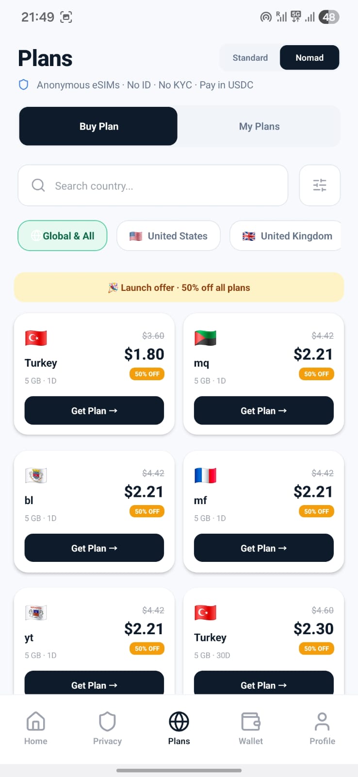 GeSIM app — global anonymous eSIMs, pay in USDC