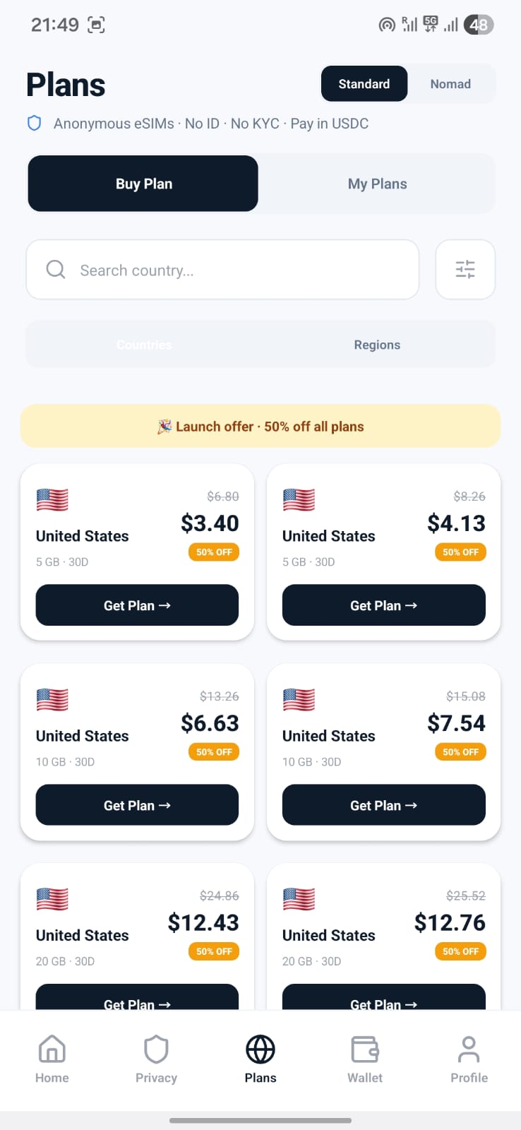 GeSIM app — plans screen