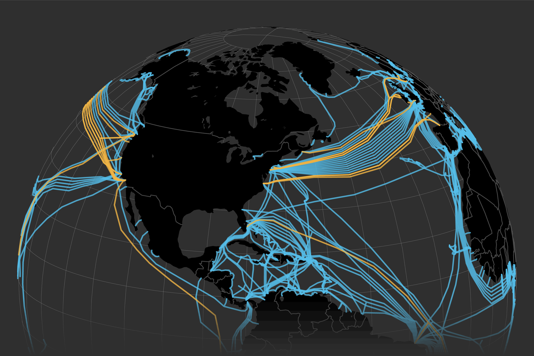 World map showing undersea internet cables